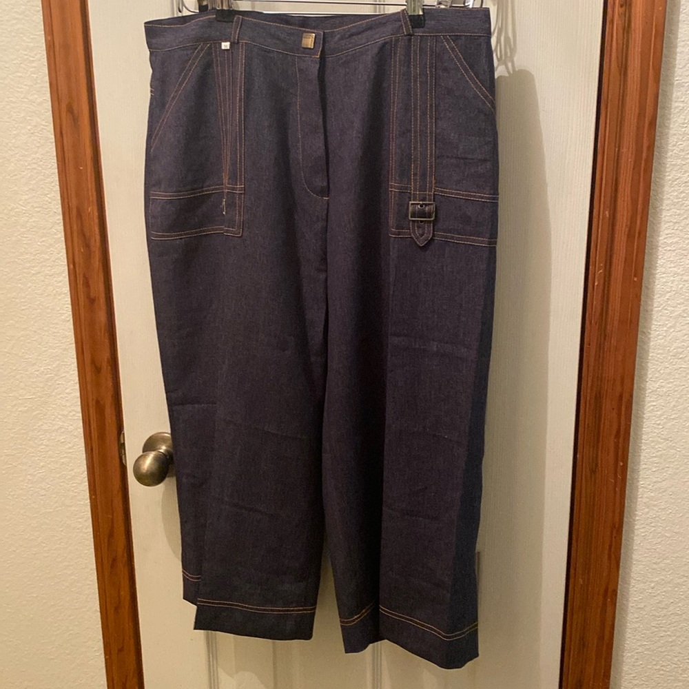 Dark Blue Polyester Denim-Look Capris PLUS